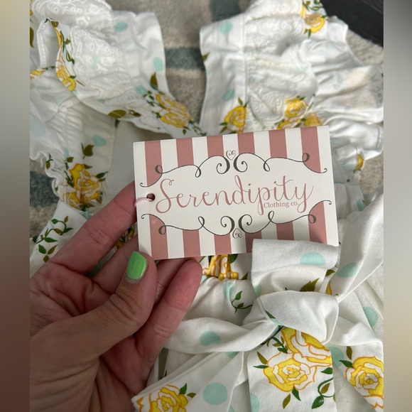 Girls Size 3T Serendipity Ruffle Dress, NWT, Yellow Roses/Blue Polka Dots - Picture 9 of 12